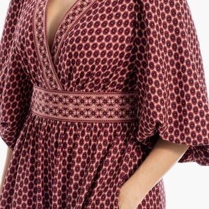 Max Studio Bubble Sleeve Midi Dress Burgundy Beige Geo‎ Print NWT Size Medium